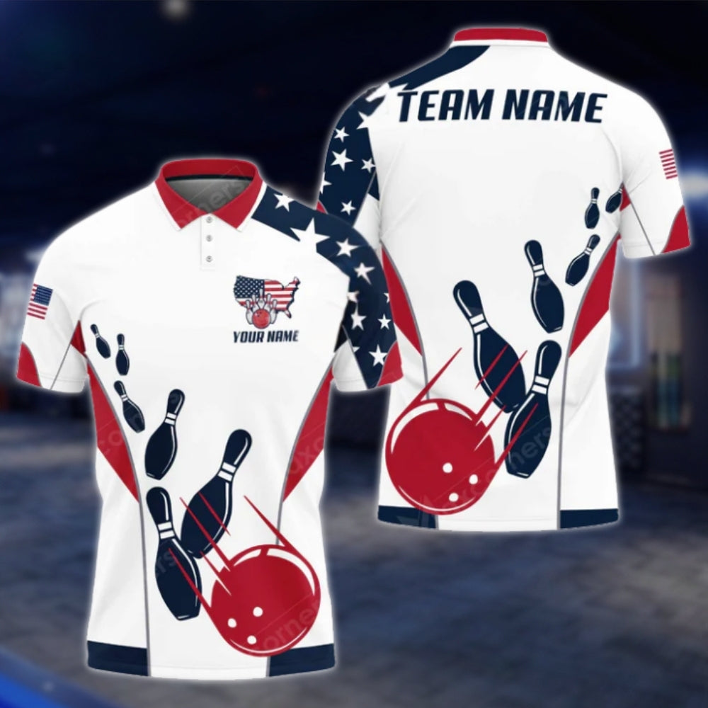 Custom USA Flag Blue Red Black Bowling Polo Shirt For Mens, Custom Team Patriot Bowling Shirts BO0332 BOW0258