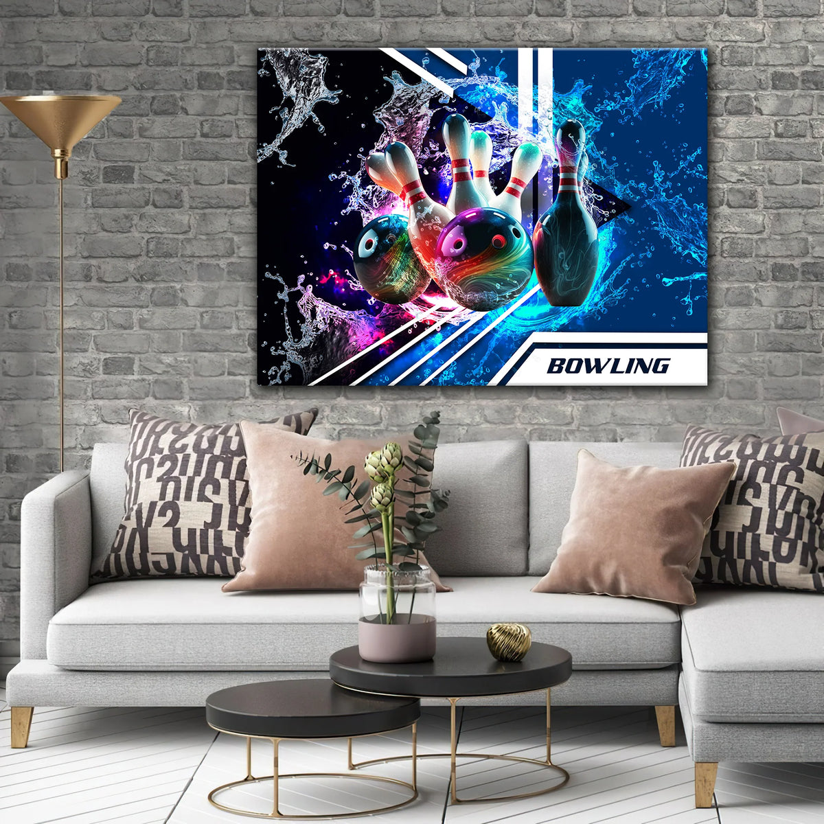 Rainbow Bowling Ball And Pins On Water Graphic Printed Canvas Bowl Game Living Room Decor Gift For Bowlers ORN0119
