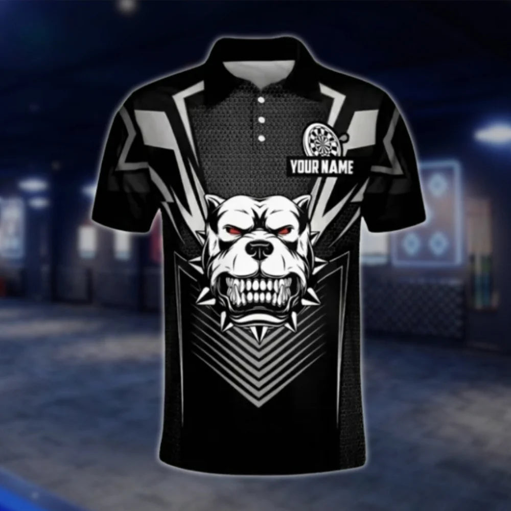 Custom Bulldog Black Mens Dart Polo Shirt, Custom Dog Team Dart Shirts DAT0272