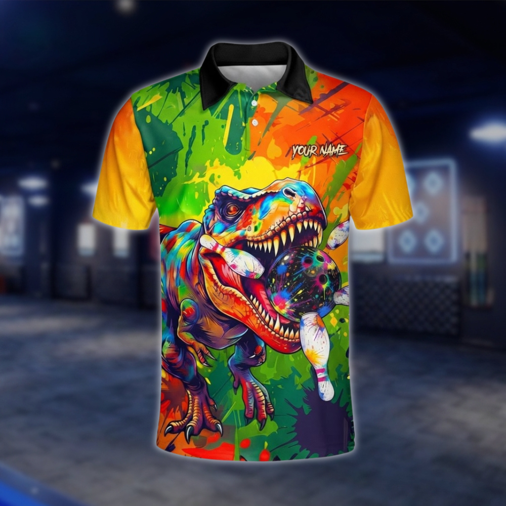 Personalized T-Rex Mens Colorful Bowling Polo Shirt, Custom Dinosaur Team Bowling Shirt BZ0927 BOW0014