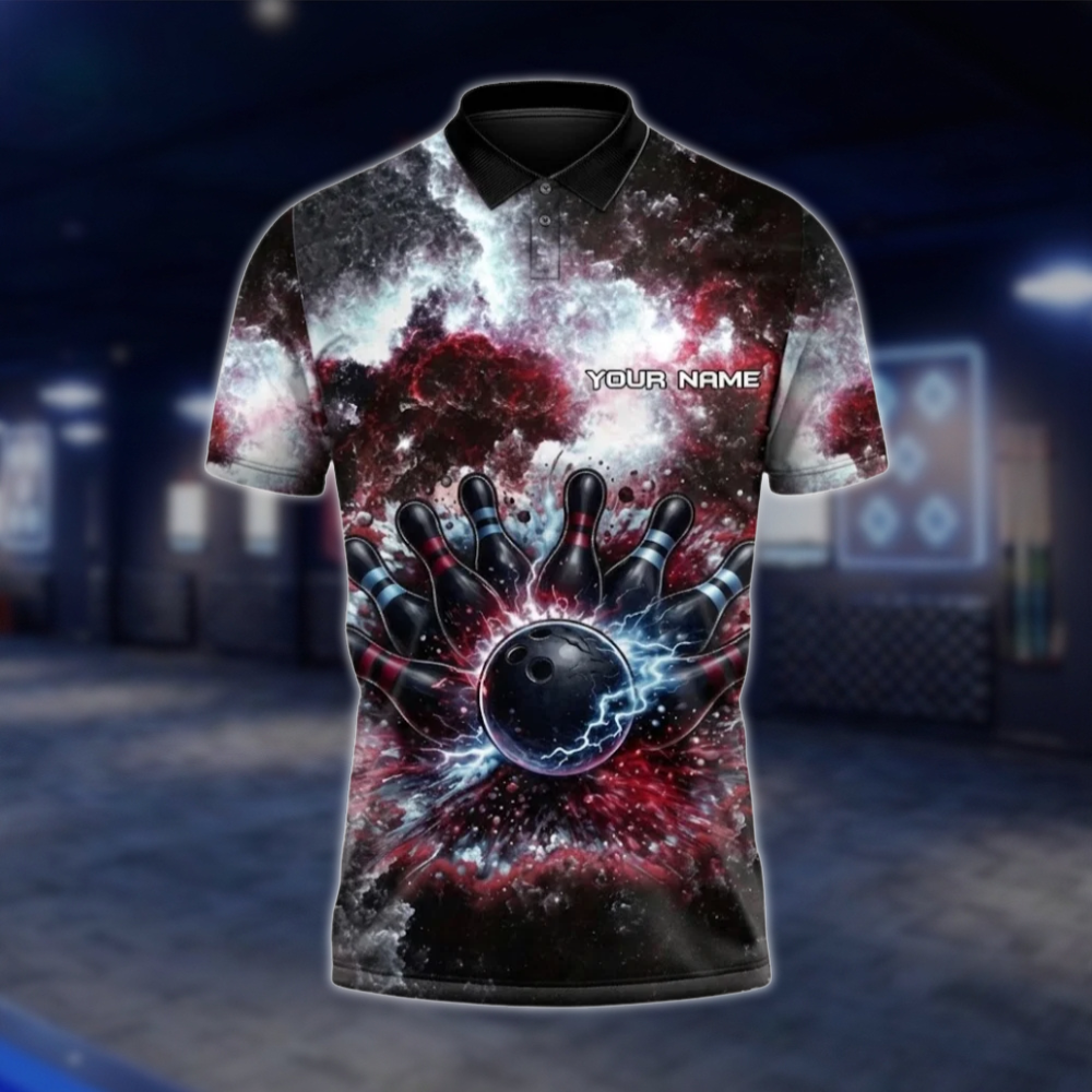 Personalized Galaxy Thunder Bowling Team Polo Shirt For Men, Custom Team Bowling Shirt Red Black BZ0798 BOW0108