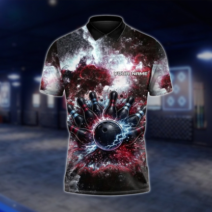 Personalized Galaxy Thunder Bowling Team Polo Shirt For Men, Custom Team Bowling Shirt Red Black BZ0798 BOW0108