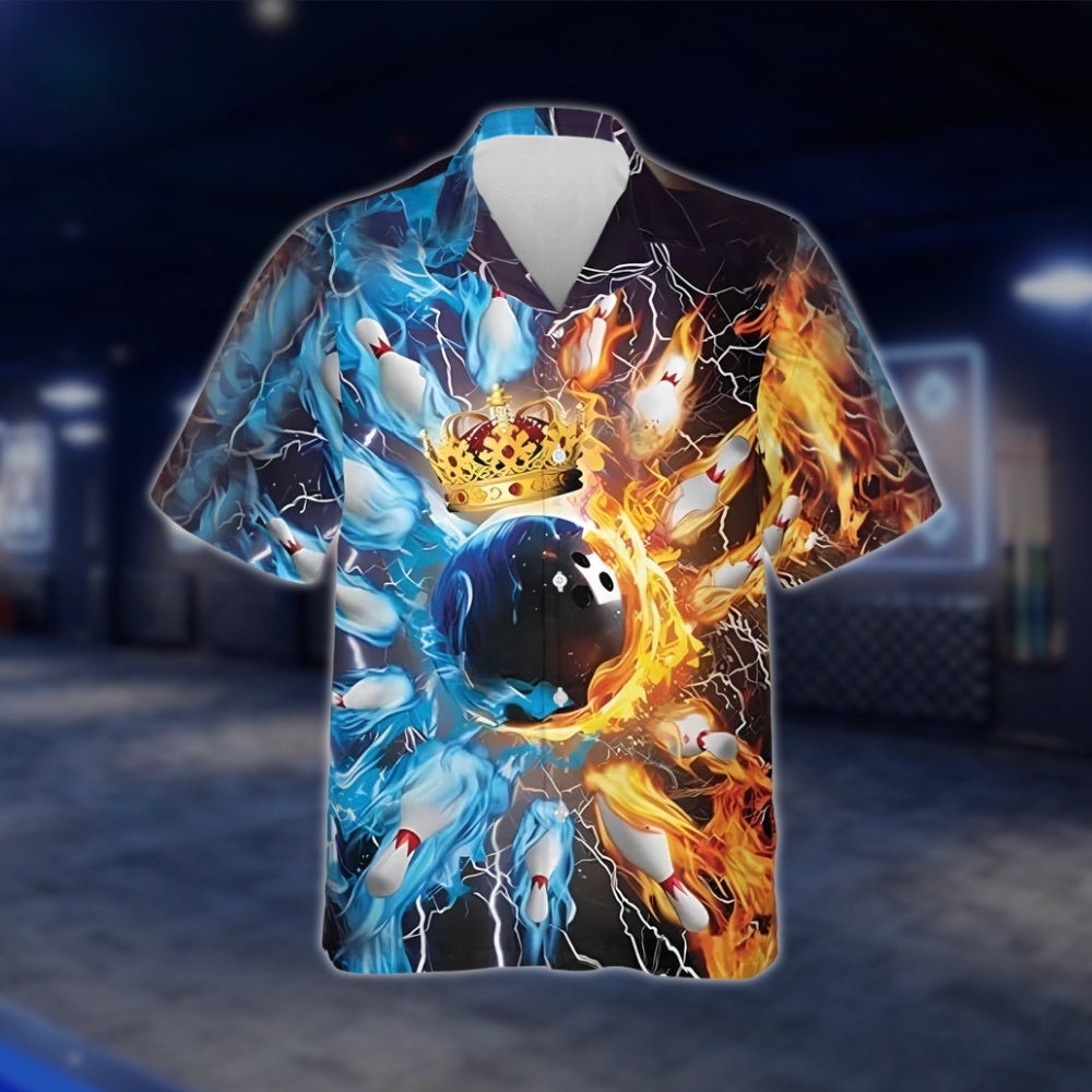 King Ball Flame Blue Orange Bowling Hawaiian Shirt, Flame Bowling Shirts BZ0140 BOW0288
