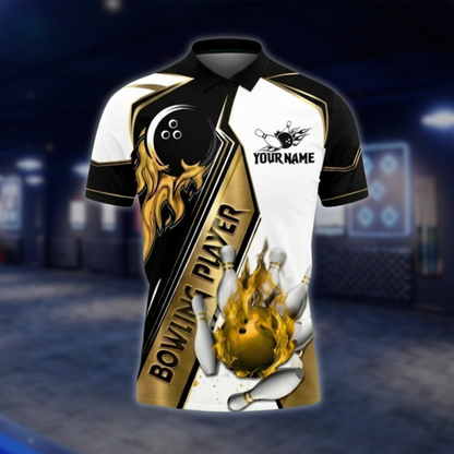 Personalized Flaming Ball Bowling Mens Polo Shirt, Black And Gold Custom Flame Bowling Team Shirt BZ0809 BOW0149