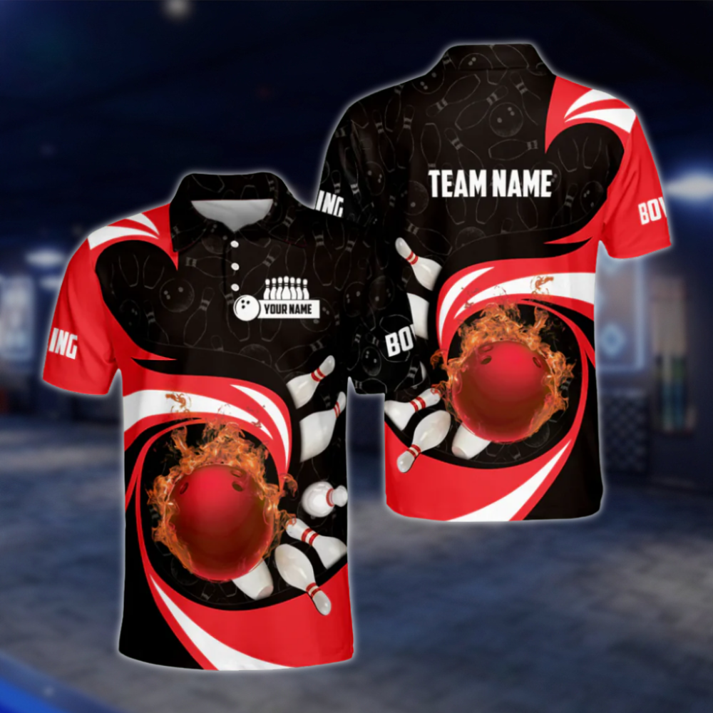 Personalised Blue Flame Ball Polo Bowling Team Shirts Men, Custom Team Flame Bowling Shirt BZ0181 BOW0422