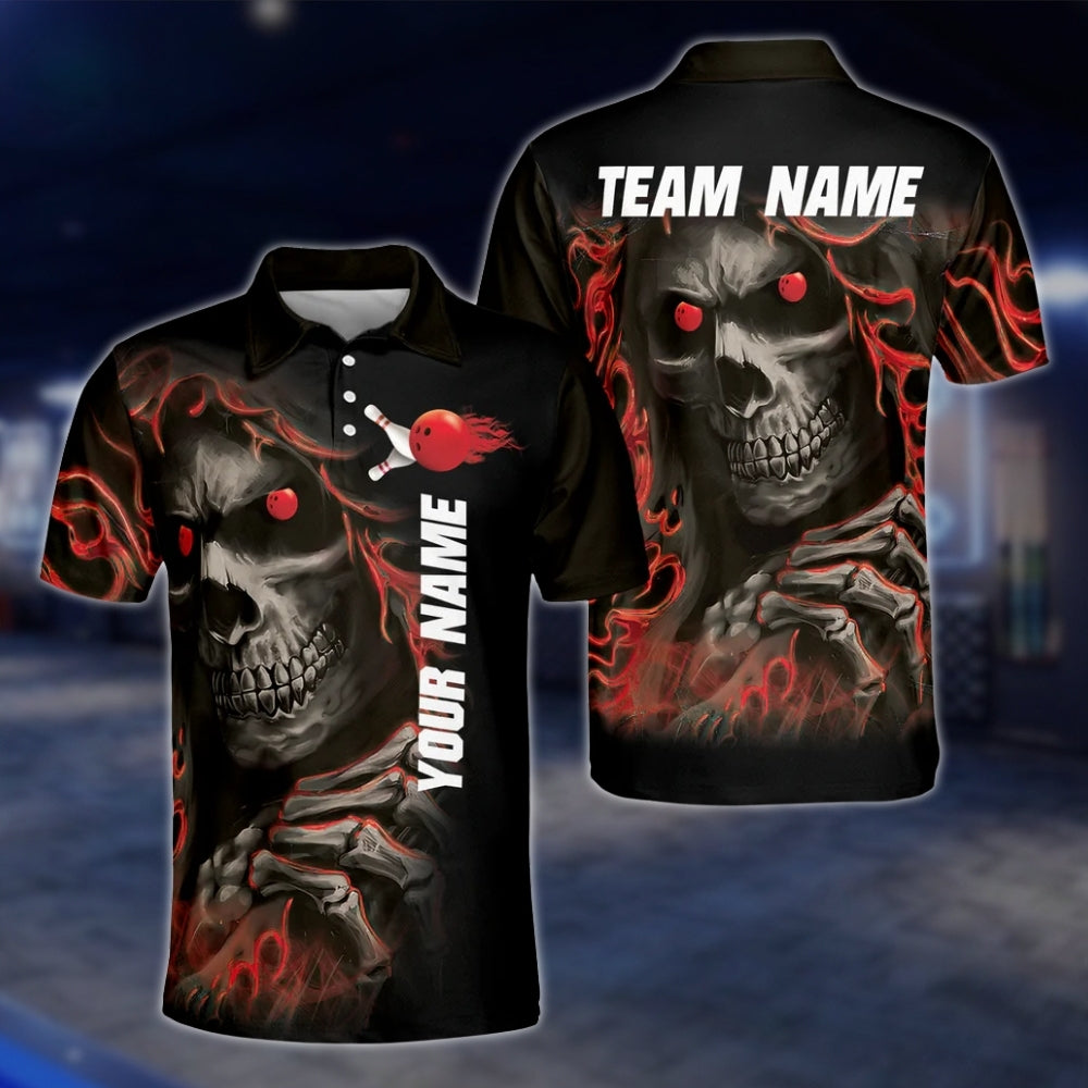 Skeleton Green Black Custom Mens Bowling Polo Shirt, Custom Skull Bowling Team Shirts BZ0009 BOW0231