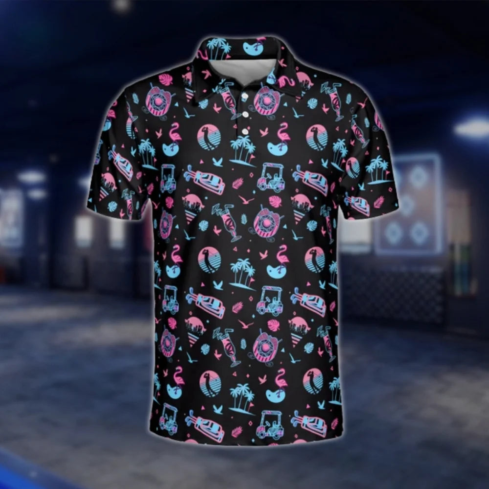 Neon Tropical Pink Blue Golf Polo Shirt For Men, Tropical Golf Shirt Black GOF0155
