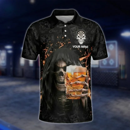 Darts And Beer That's Why I'm Here Custom Mens Skull Dart Polo Shirt, Custom Funny Beer Dart Shirt DAT0447