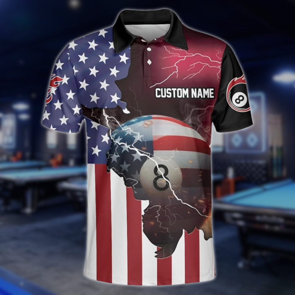 Custom Men's 8 Ball USA Flag Billiard Polo Shirt, Custom Patriotic Billiard Shirts For Team BLD0021