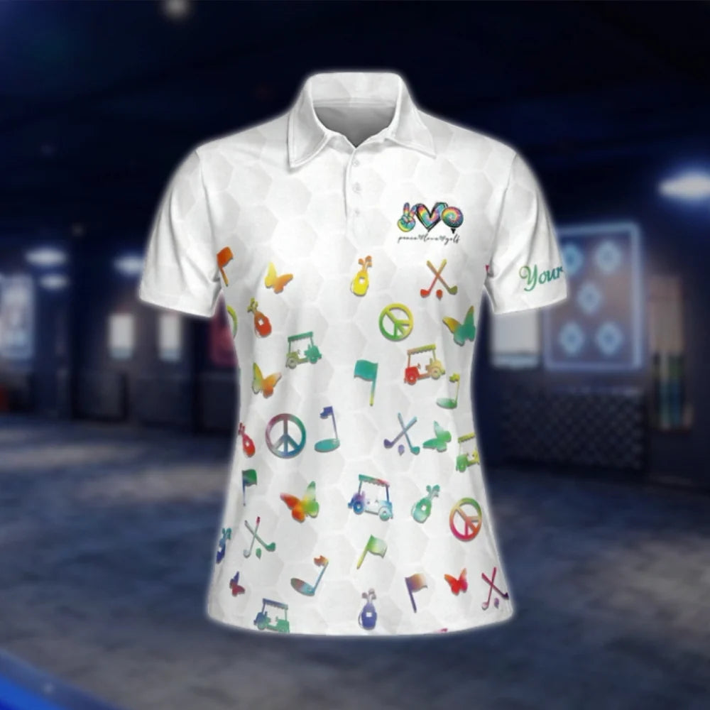 Peace Love Golf Women's Golf Shirts, Ladies Colorful White Golf Shirts GOF0003