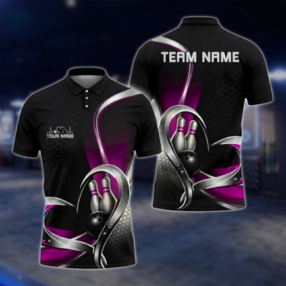 Personalized Team Silver Black Blue Bowling Polo Shirt, Custom Bowling Shirt For Men BZ0799 BOW0105