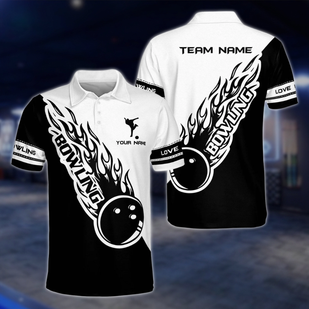 Personalized Blue Black Flame Ball Polo Bowling Team Shirts Men, Custom Team Flame Bowling Shirts BZ0224 BOW0433