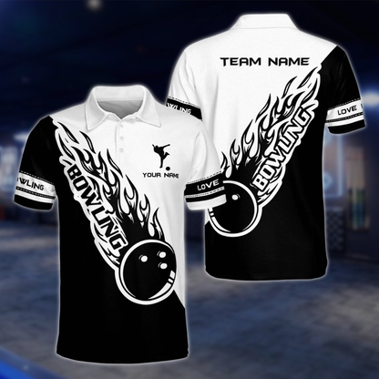 Personalized Blue Black Flame Ball Polo Bowling Team Shirts Men, Custom Team Flame Bowling Shirts BZ0224 BOW0433
