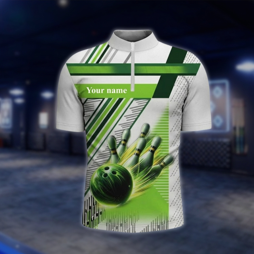 Personalized Team Green And White Bowling Jersey For Men, Custom Bowling Shirts BZ0808 BOW0150