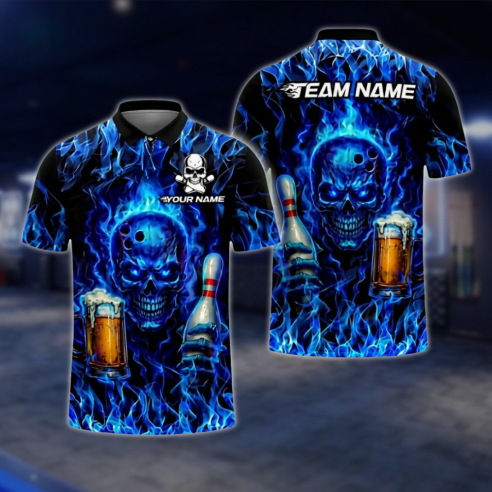 Personalised Blue Flame Skull And Beer Mens Bowling Polo Shirts, Custom Team Skull Bowling Shirts BZ0468 BOW0466