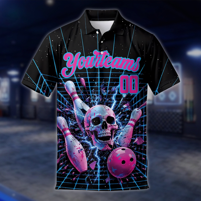 Personalized Skull Pink Black Bowling Polo Shirt For Men, Custom Skull Bowling Team Shirt BE0248 BOW0034