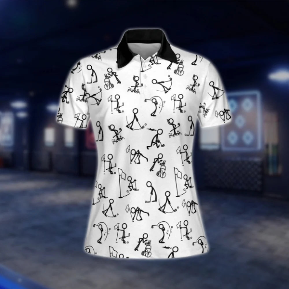 Stickfigures Funny White Black Golf Polo Shirts Women, Womens Funny Golf Shirts GOF0290