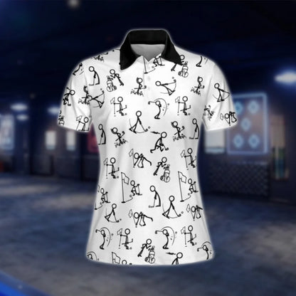 Stickfigures Funny White Black Golf Polo Shirts Women, Womens Funny Golf Shirts GOF0290