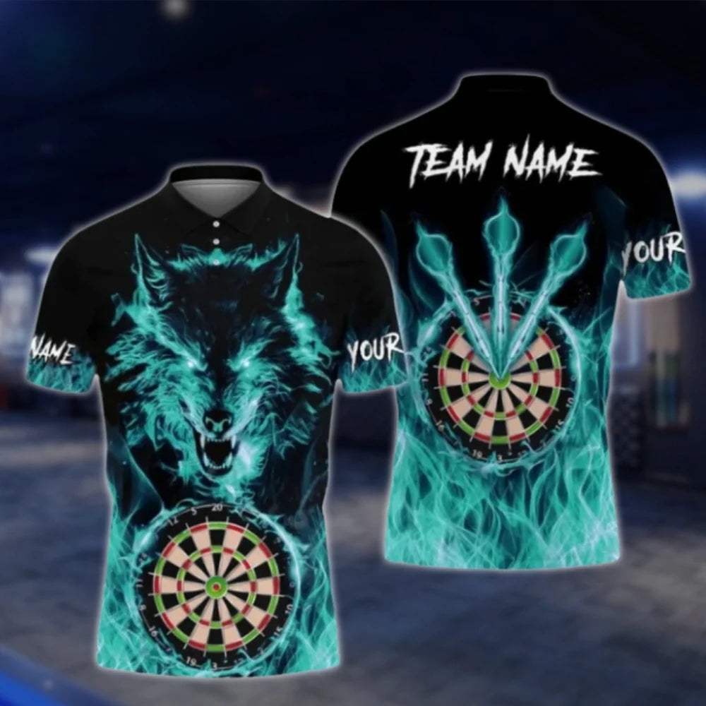 Custom Wolf Fire Blue Men's Dart Polo Shirt, Custom Wolf Darts Shirts For Team DAT0423