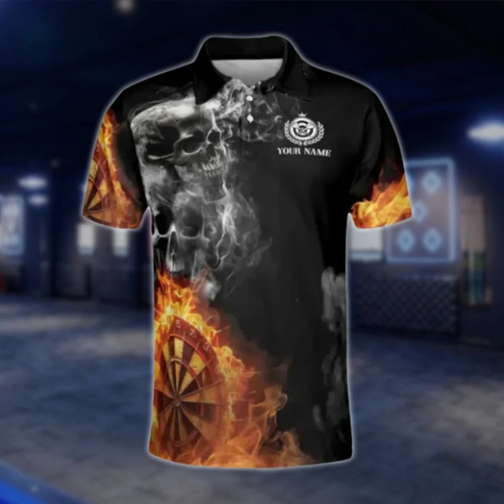 Custom Hello Darkness My Old Friend I've Come To Play With You Again Men's Skull Fire Dart Polo Shirt, Custom Funny Skull Dart Team Shirts DAT0374