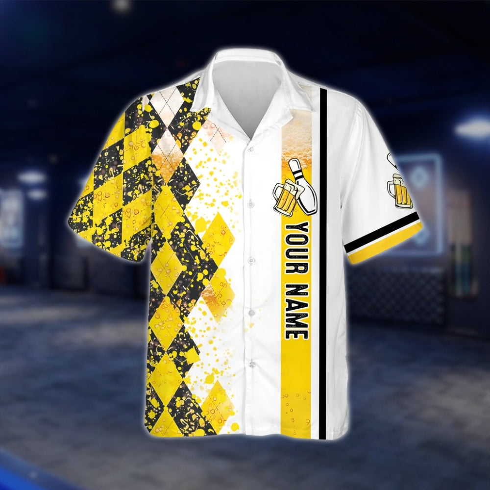 Here For The Beer Custom Argyle Yellow Bowling Hawaiian Shirt For Mens, Custom Funny Beer Bowling Shirts BZ0159 BOW0287