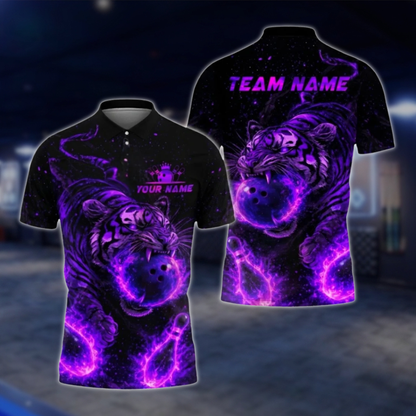 Personalized Tiger Flaming Ball Bowling Polo Shirt For Men, Custom Tiger Bowling Shirt Team BZ0805 BOW0101