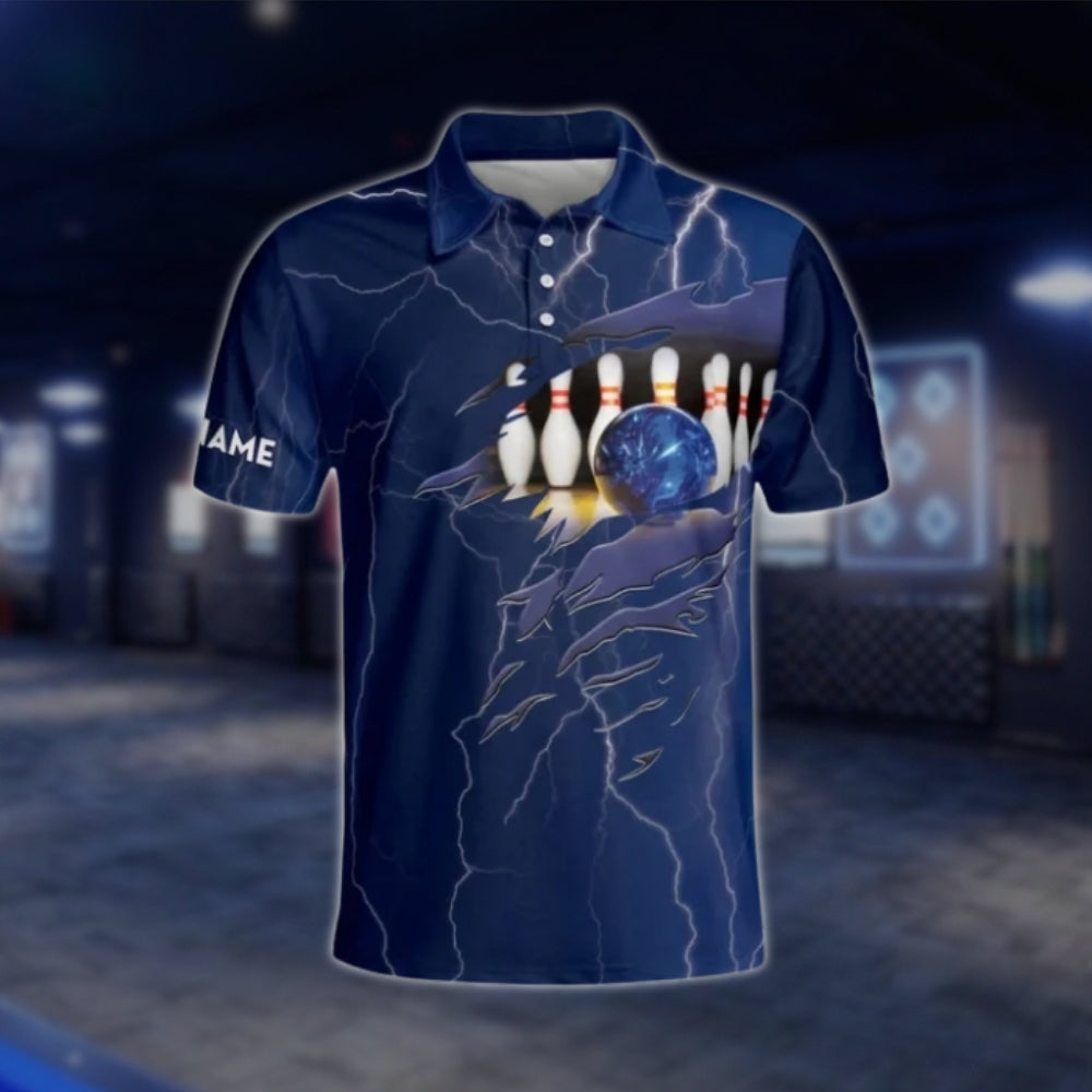 Custom Skeleton And Ball Bowling Polo Shirt For Men Blue, Custom Skull Bowling Shirt For Team BM0295 BOW0223