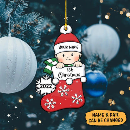 Baby's First Christmas, Stocking Ornament, Christmas Shaped Ornament, Custom Gift for Baby Red ORN0084