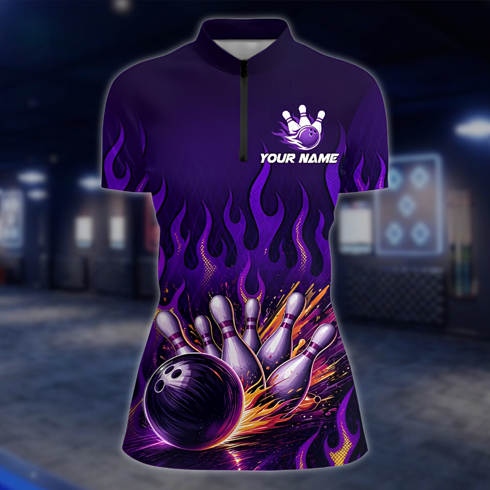 Personalized Purple Flame Womens Bowling Jersey, Custom Flame Bowling Team Shirts For Ladies BZ0862 BOW0086