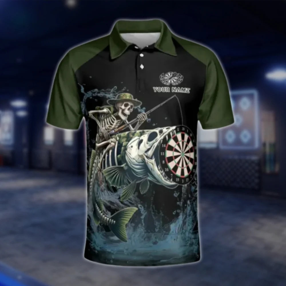 Skeleton Fishing Custom Mens Dart Polo Shirt, Custom Skull Dart Team Shirts DAT0372
