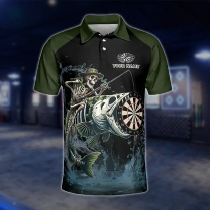 Skeleton Fishing Custom Mens Dart Polo Shirt, Custom Skull Dart Team Shirts DAT0372
