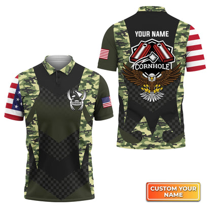 Camouflage Eagle Flag Personalized Name 3D Polo Shirt Gift For Cornhole Players QB95 ORN0275