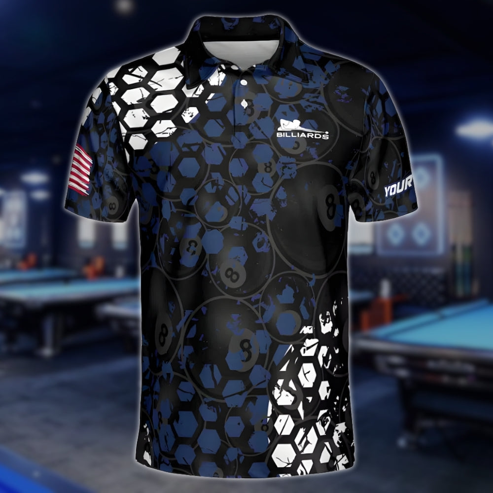 Custom Black And Blue 8 Ball Billiard Polo Shirt Mens, Custom 8 Ball Billiard Shirts For Team BLD0193