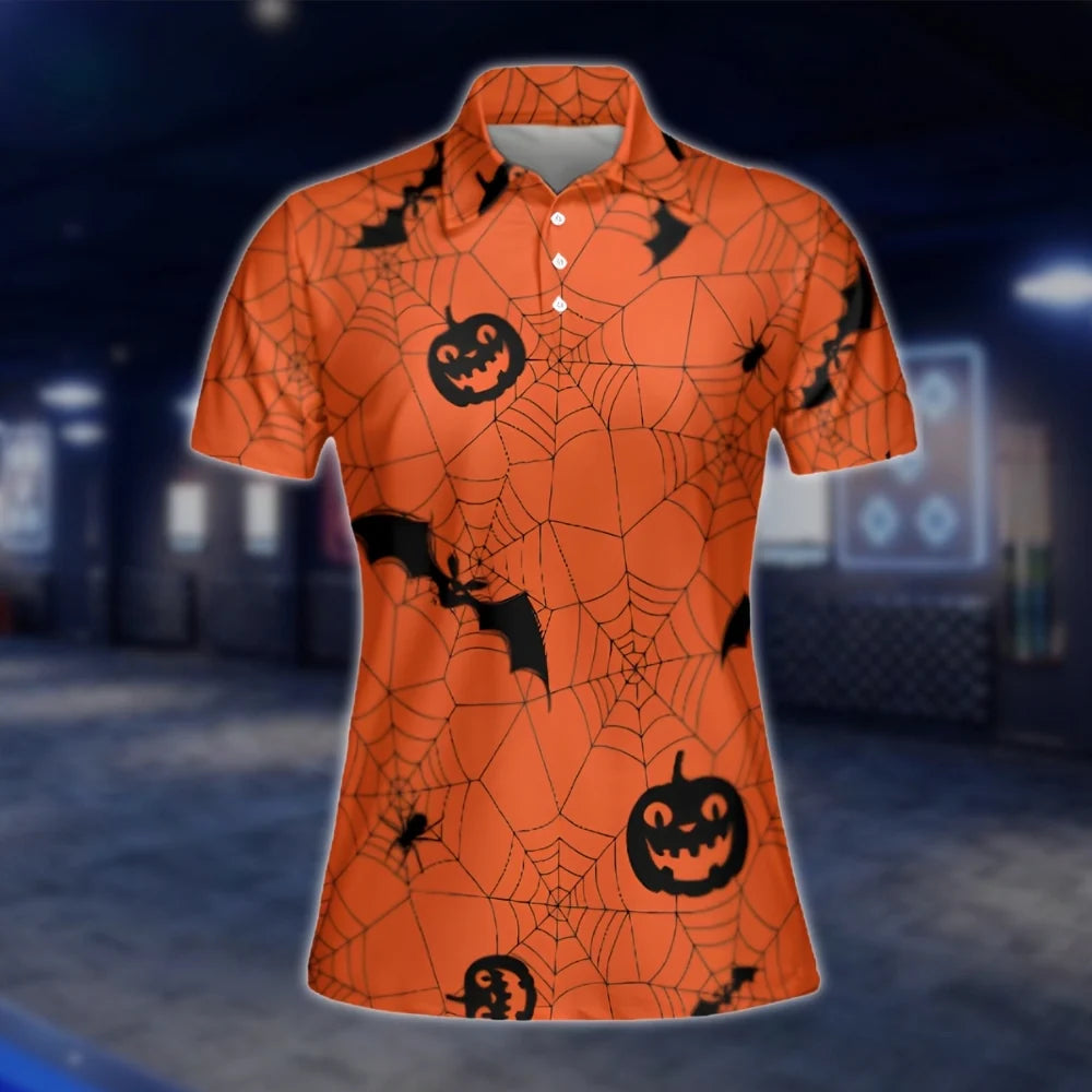 Pumpkin Orange Black Women's Golf Polo Shirt, Halloween Golf Shirt For Ladies GOF0115