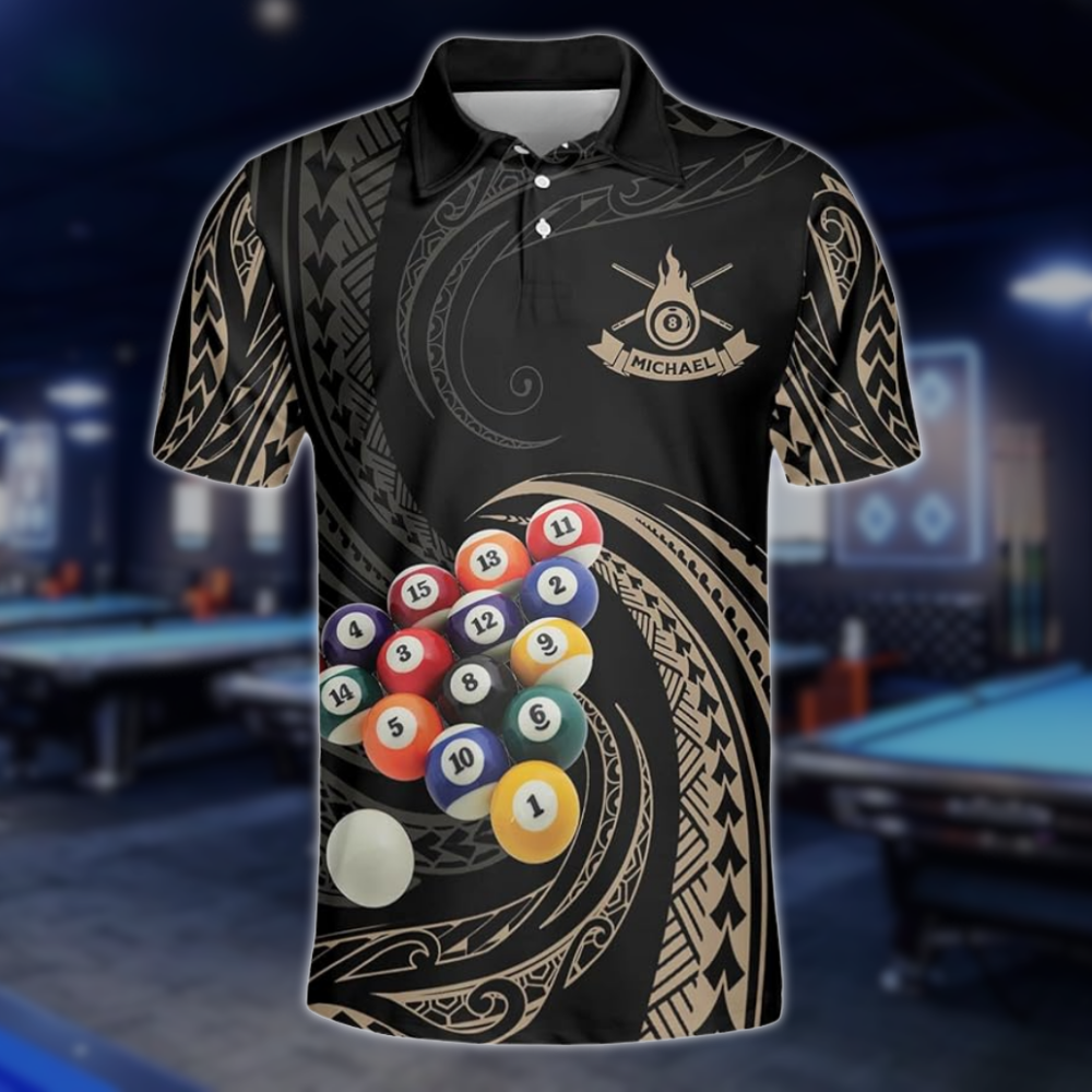 Custom Tribal Black And Gold Billiard Polo Shirts For Men, Custom Tribal Billiard Team Shirts BLD0289