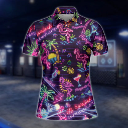 Neon Flamingo Margarita Cocktail Golf Polo Shirts Women, Flamingo Golf Shirts Ladies GOF0297