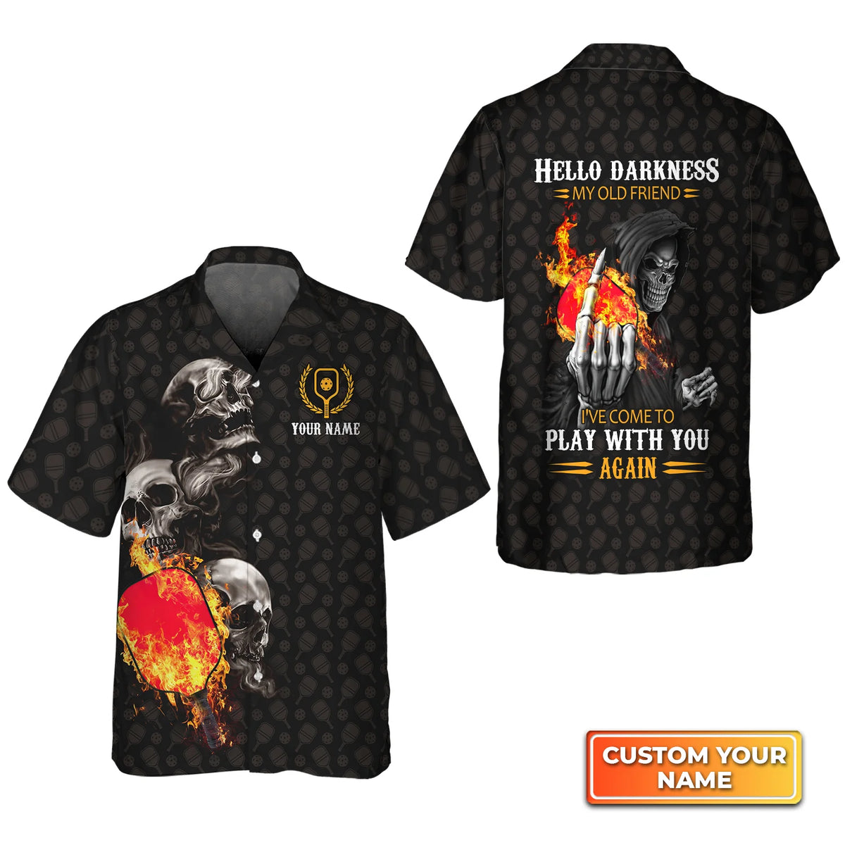 Pickleball Skull Hello Darkness My Old Friend Personalized Name 3D Hawaiian Shirt QB95 Gift For Pickleball Player PKL0133