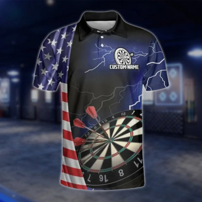 USA Flag Custom Blue Thunder Men's Dart Polo Shirt, Custom Team Patriotic Dart Shirts DAT0359