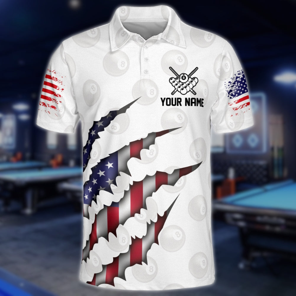 Custom USA Flag Billiard Men Polo Shirts, Custom Patriotic Pool Team Shirts BLD0147