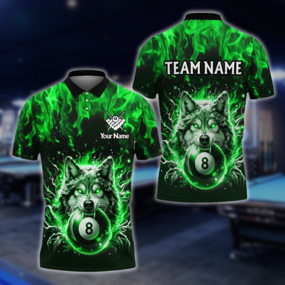 Custom Wolf 8 Ball Flaming Billiard Men Polo Shirt, Custom Wolf Billiard Team Shirts BLD0044
