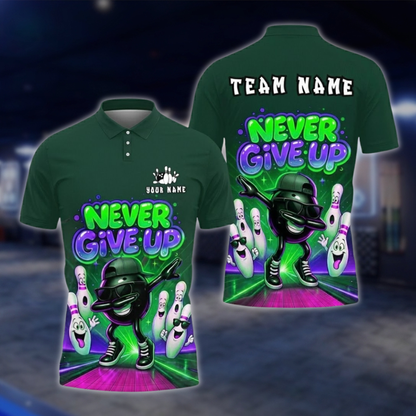 Personalized Funny Ball Pins Bowling Mens Polo Shirt Never Give Up, Custom Team Funny Bowling Shirts BZ0758 BOW0161