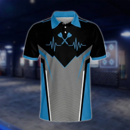 Personalized Team Blue Grey Black Darts Polo Shirt For Men, Custom Dart Team Shirts DAT0253