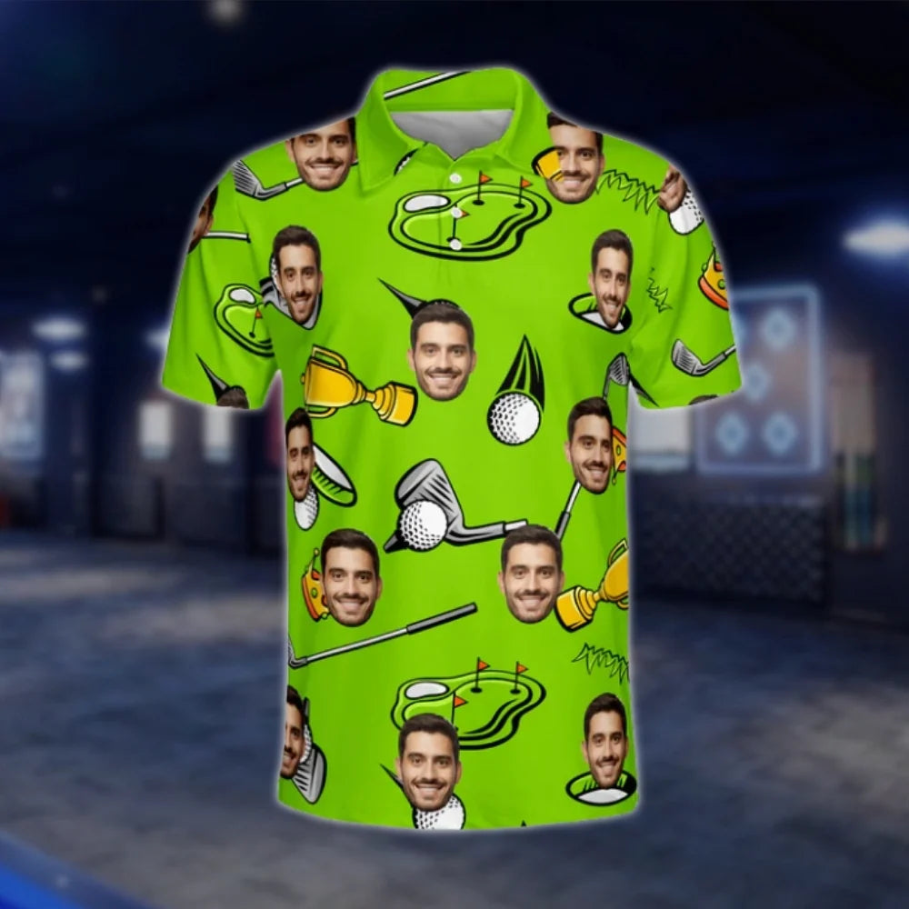 Custom Face Green Golf Pattern Mens Golf Polo Shirt, Personalized Photo Golf Shirt For Men GOF0157