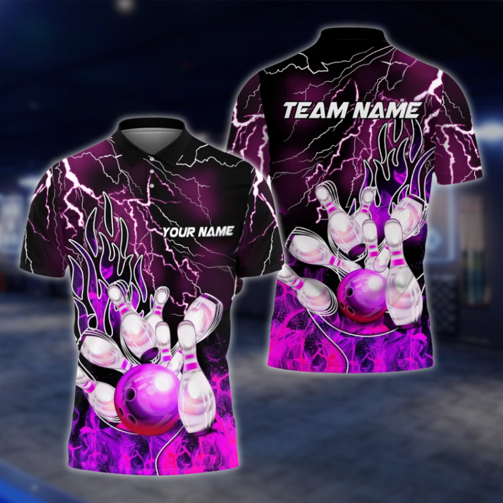 Personalized Flame Purple Bowling Polo Shirt For Men, Custom Flame Bowling Shirts Team BZ0759 BOW0160