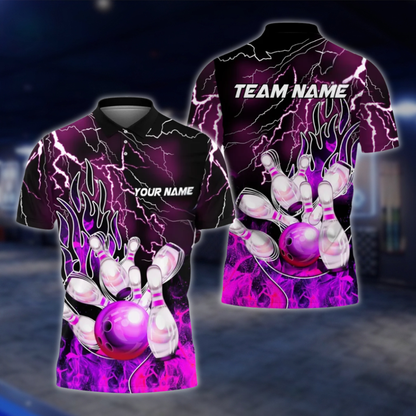 Personalized Flame Purple Bowling Polo Shirt For Men, Custom Flame Bowling Shirts Team BZ0759 BOW0160