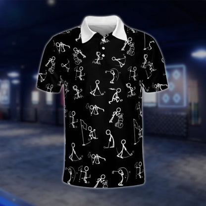 Funny Stick Figure Black And White Golf Polo Shirt For Men, Funny Golf Shirt GOF0140