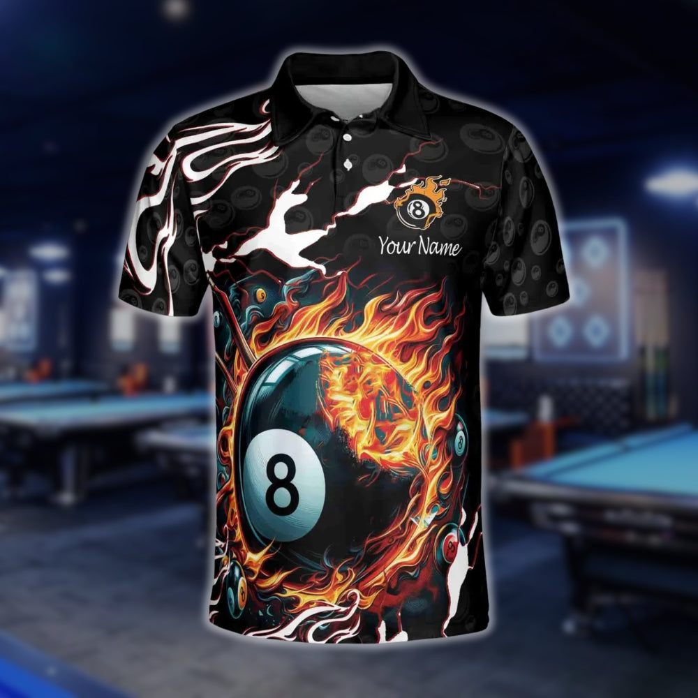Custom Flame 8 Ball Billiard Polo Shirt For Mens, Custom Flame Billiard Shirts BLD0077