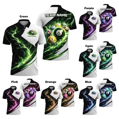 Custom Team Thunder Lightning Billiard Men Polo Shirt Green White, Custom Billiard Shirts BLD0047