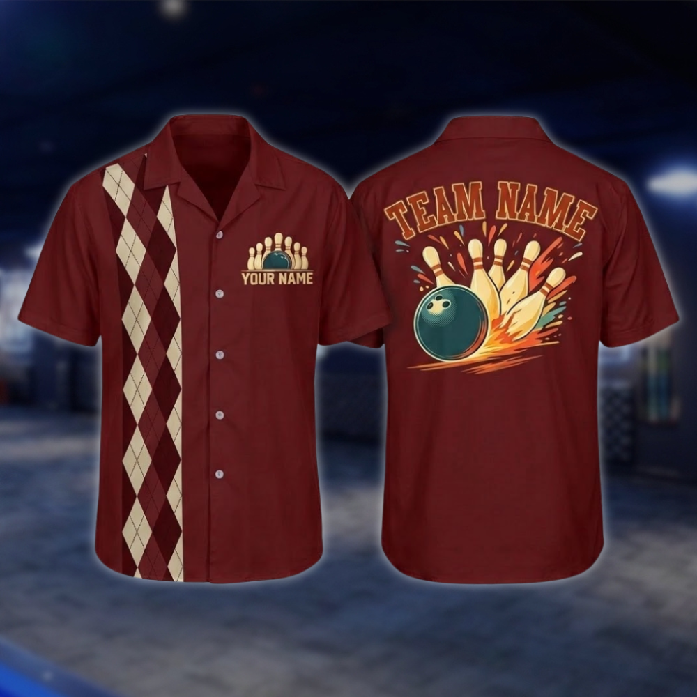 Personalized Argyle Navy Retro Bowling Hawaiian Shirt For Men, Custom Retro Bowling Shirt For Team BZ0797 BOW0152