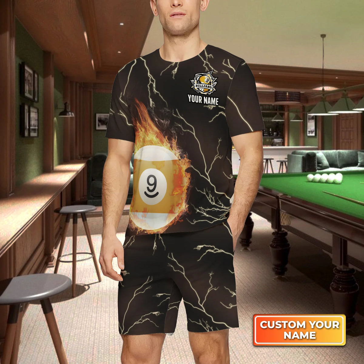 Billiard 9 Ball Fire Flame Club Custom Name 3D Short Sleeve T-Shirt Men's Board Shorts ORN0300